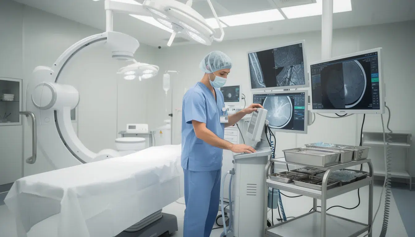 A medical professional stands in a procedure room equipped with advanced imaging technology, preparing to address issues related to uterine fibroids. The environment suggests a focus on diagnosing and treating conditions such as abnormal uterine bleeding and pelvic pain through minimally invasive procedures.