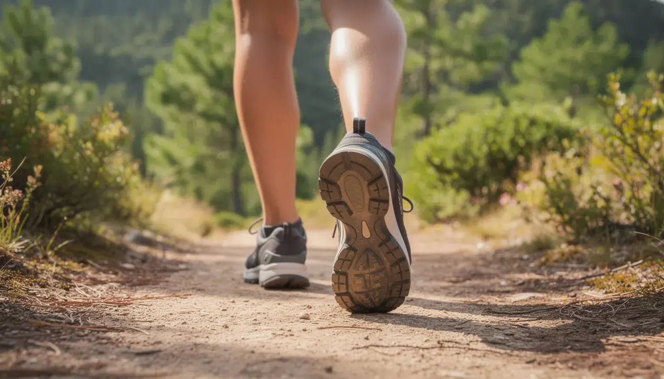 The image shows a person walking along a scenic outdoor trail, wearing comfortable walking shoes, which may help promote healthy blood flow and prevent issues related to chronic venous insufficiency. This activity encourages movement, supporting the venous system and reducing the risk of venous disorders such as varicose veins and deep vein thrombosis.