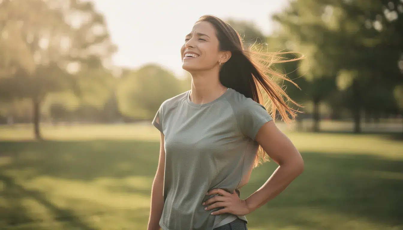 A confident woman is smiling outdoors, radiating health and relief, likely after successfully treating her uterine fibroids. The bright setting emphasizes her positive feelings, suggesting she has overcome symptoms like heavy menstrual bleeding and pelvic pain.