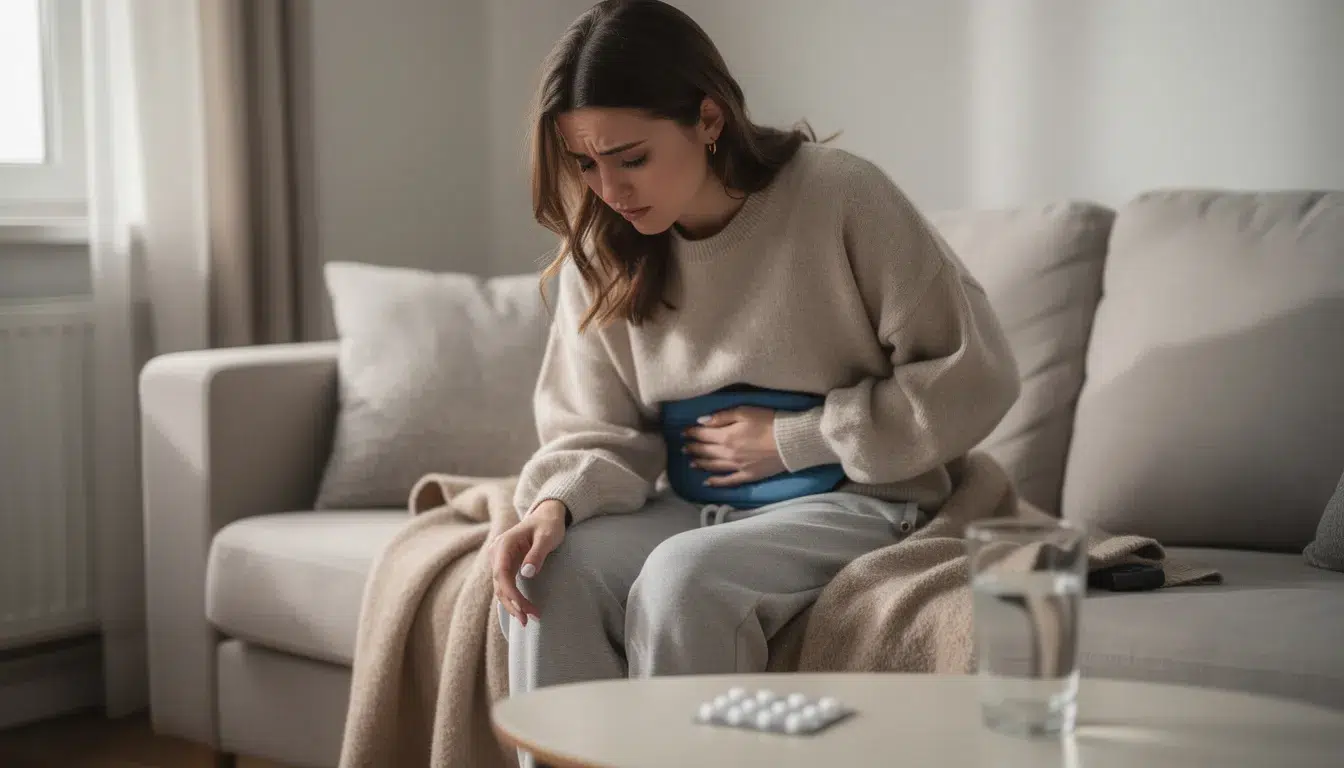 A woman sits on a couch with a heating pad on her lower abdomen, visibly uncomfortable due to symptoms of uterine fibroids, which can include pelvic pain and heavy menstrual bleeding. She appears to be seeking relief from the discomfort often associated with fibroid tumors and their impact on women's health.