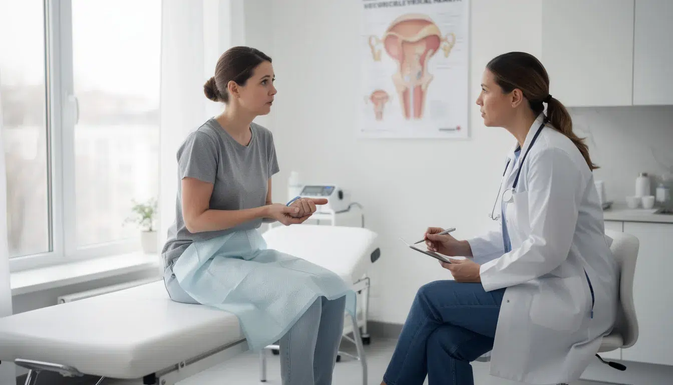 A woman is seated in a medical office, discussing her pelvic health concerns with a healthcare provider. The conversation likely includes topics such as uterine fibroids, abnormal uterine bleeding, and treatment options for symptoms like heavy menstrual bleeding and pelvic pain.