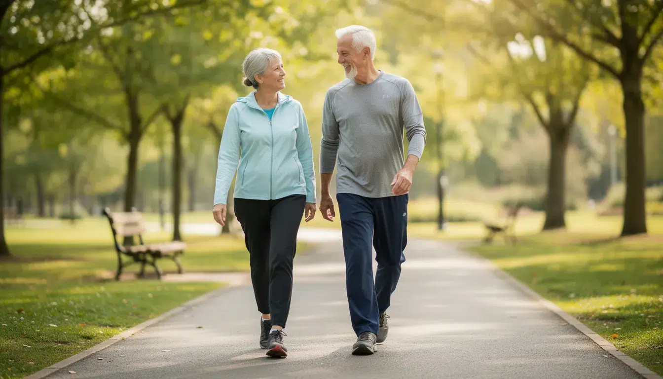 An active senior couple is walking hand in hand in a lush park, enjoying the fresh air and sunshine. Their healthy lifestyle reflects the importance of vascular health and regular exercise for maintaining a strong circulatory system and preventing vascular problems.