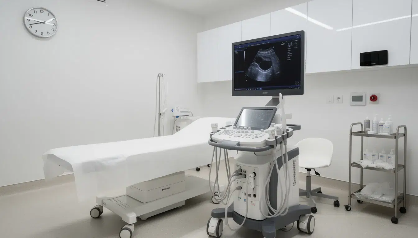 The image depicts a modern medical procedure room equipped with advanced ultrasound equipment, designed for diagnosing conditions like chronic venous insufficiency and deep vein thrombosis. The sterile environment suggests a focus on vascular surgery and the assessment of venous blood flow through the peripheral venous system.